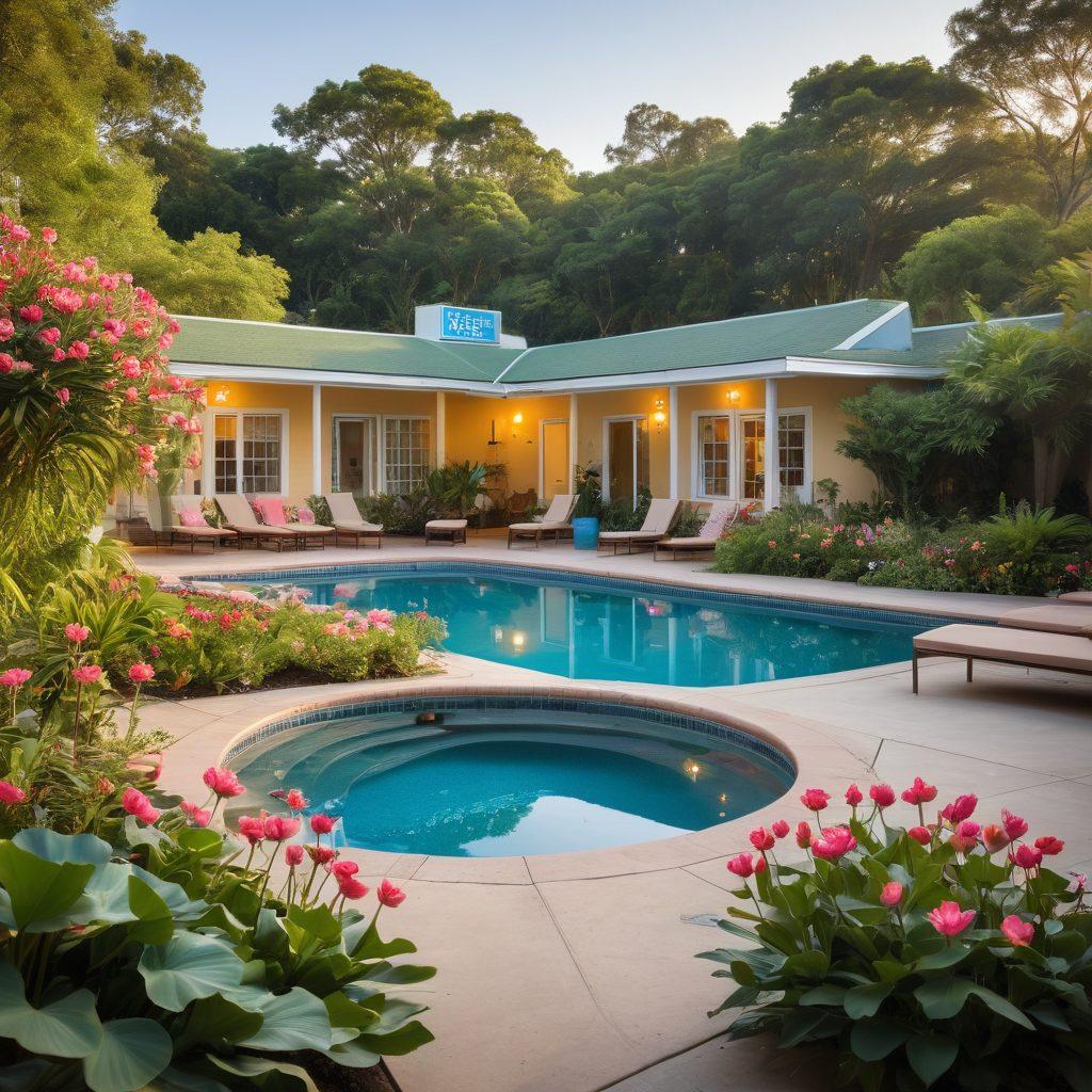 A serene and inviting exterior view of the Lotus Motel, surrounded by lush greenery and colorful flowers. Soft lighting enhances the warm, welcoming atmosphere, with cozy seating areas and a clear blue sky in the background. Include a relaxing pool area and some guests enjoying their stay. The mood should evoke comfort and relaxation. vibrant colors. super-realistic.