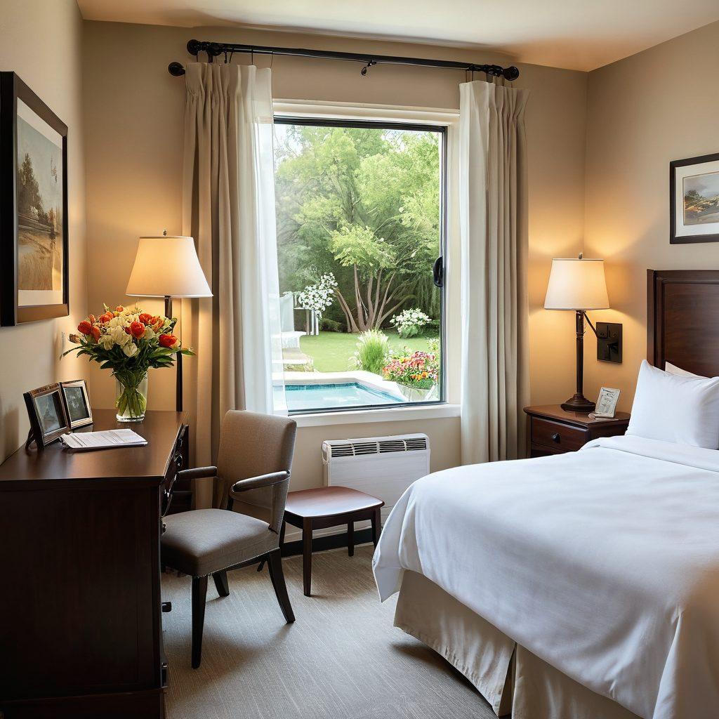 A cozy and inviting motel room featuring a beautifully made bed with soft, neutral linens, a small sitting area with a plush armchair, and a warm color palette. Include elements like a small desk, a vase of fresh flowers, and a window showing a serene outside view. An open door can reveal a glimpse of the swimming pool area, suggesting a relaxing getaway. Emphasize affordability with a subtle price tag display. super-realistic. warm colors. inviting atmosphere.