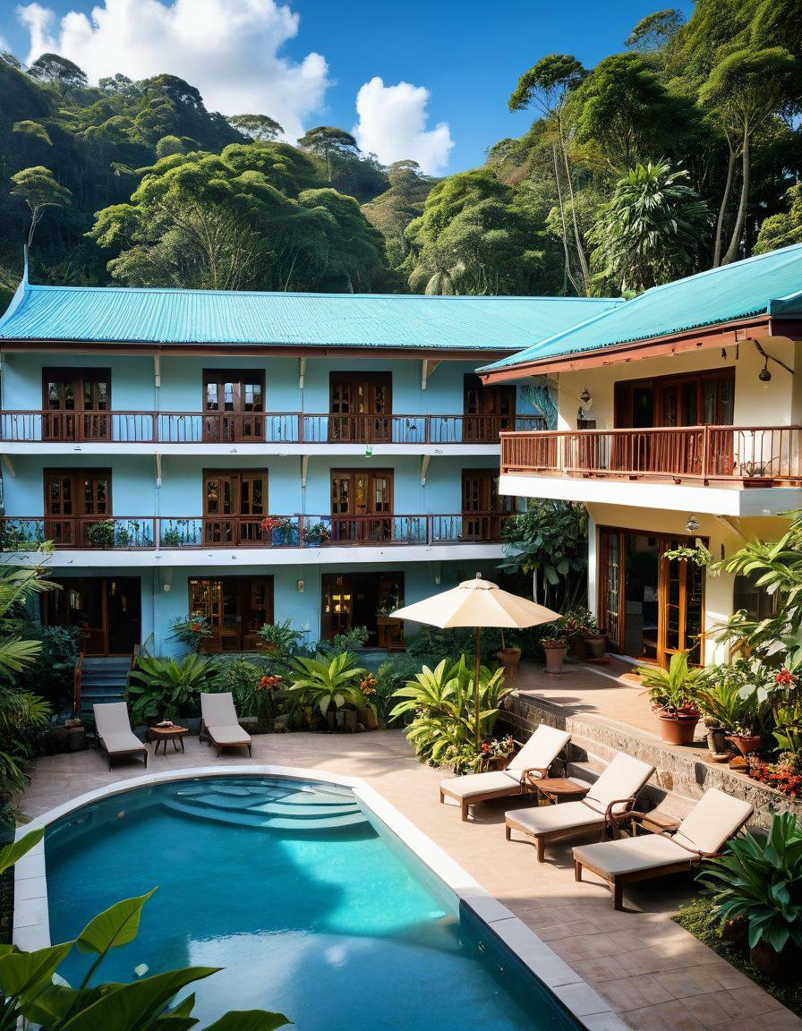 A picturesque view of Lotus Motel surrounded by lush greenery, showcasing inviting rooms with balconies. In the foreground, feature local attractions like scenic hiking trails and quaint shops. Add a tranquil pool area with sun loungers and tropical plants, conveying a sense of relaxation. The sky is bright blue with fluffy clouds, evoking a perfect getaway atmosphere. super-realistic. vibrant colors. natural lighting.